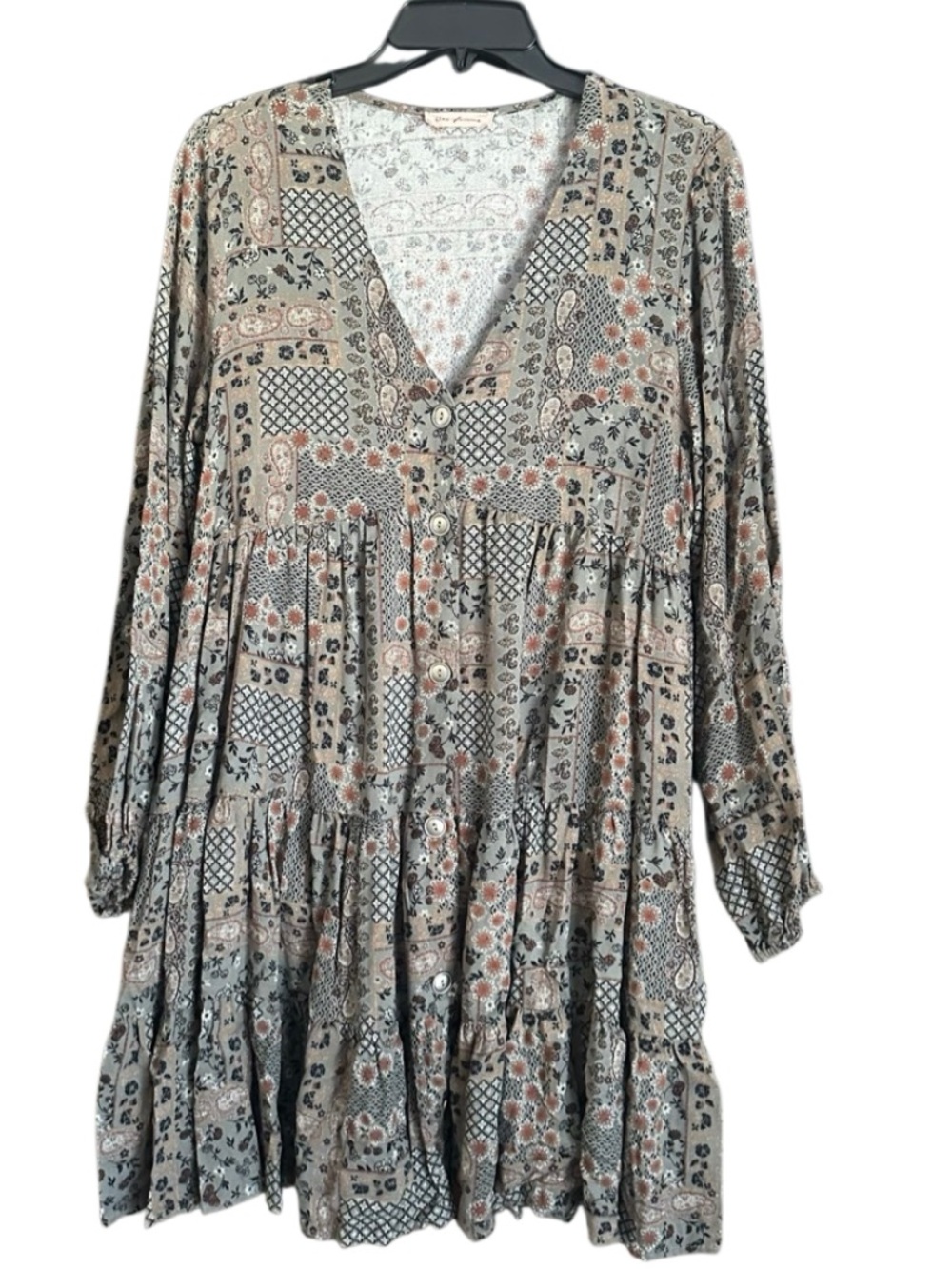 Ces Femme Boho Patchwork Print Button-Front Women’s Tunic Dress. Brown - Medium
